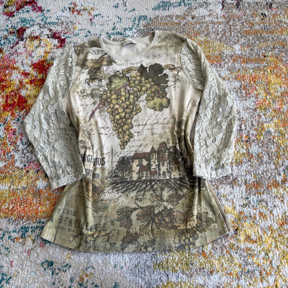 Vintage Cactus French Vineyard Graphic Top Lace Sleeves Rhinestones Small